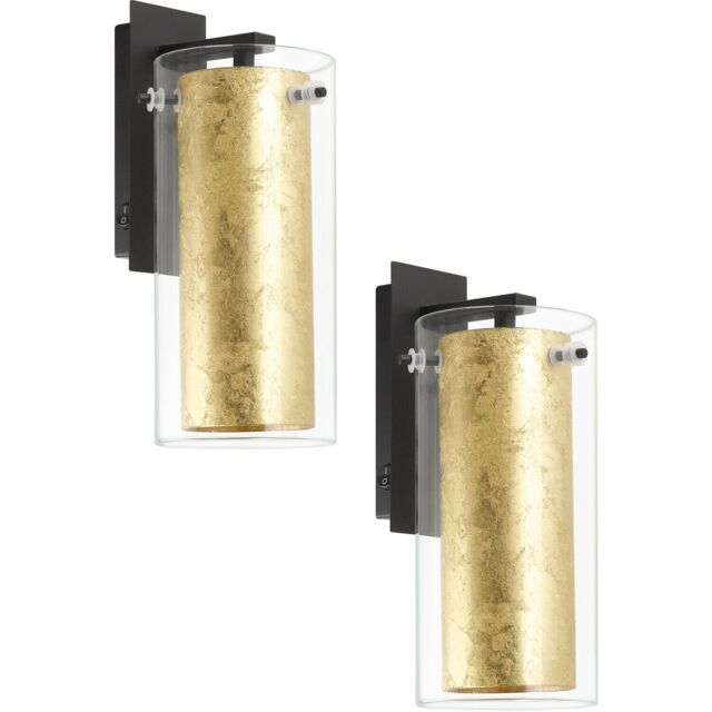 Loops 2 PACK Wall Light Colour Black Back Plate Shade Gold Inner Clear Glass E27 40W - image 1