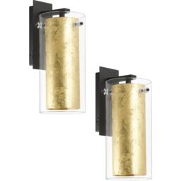 Loops 2 PACK Wall Light Colour Black Back Plate Shade Gold Inner Clear Glass E27 40W