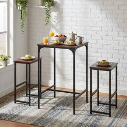 EONLION Bar Table & 2 Stools Bistro Pub Dining Table & Stool Set in Brown - Size: 100 cm - thumbnail 3