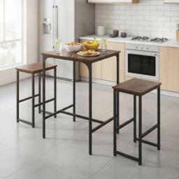EONLION Bar Table & 2 Stools Bistro Pub Dining Table & Stool Set in Brown - Size: 100 cm - thumbnail 4