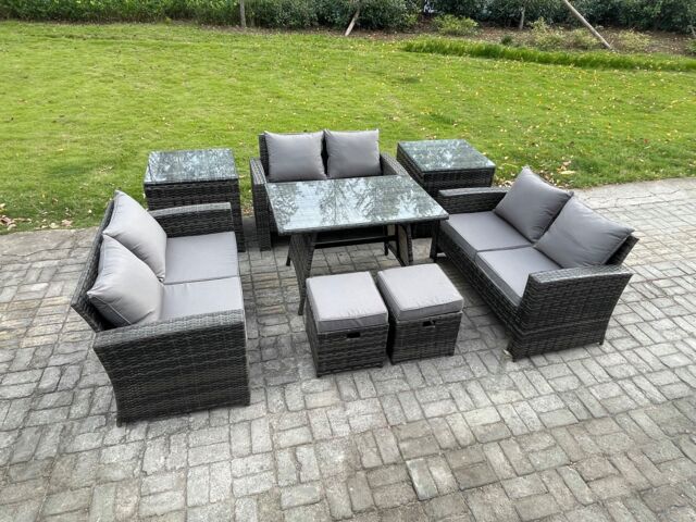 Fimous Outdoor Lounge Sofa Set Wicker PE Rattan Garden Furniture Set with Rectangular Dining Table 2 Seat Sofa in Dark Grey - image 1