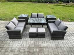 Fimous Outdoor Lounge Sofa Set Wicker PE Rattan Garden Furniture Set with Rectangular Dining Table 2 Seat Sofa in Dark Grey - thumbnail 2