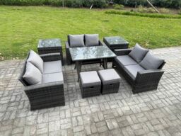 Fimous Outdoor Lounge Sofa Set Wicker PE Rattan Garden Furniture Set with Rectangular Dining Table 2 Seat Sofa in Dark Grey - thumbnail 1
