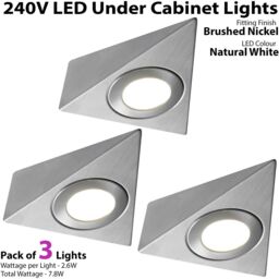 Loops 3x BRUSHED NICKEL Triangle Surface Under Cabinet Kitchen Light Kit - 240V Mains Powered - Natural White LED in Metallics - thumbnail 2