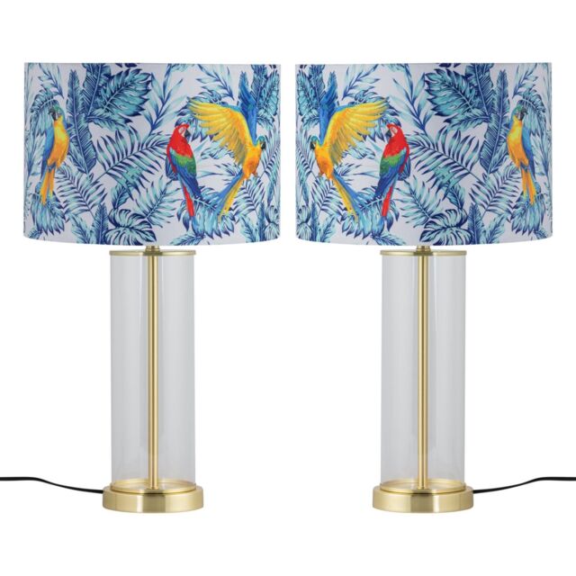 First Choice Lighting Set of 2 Aura - Satin Brass Lamps with Parrot Velvet Shades in Gold - image 1
