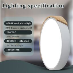 Pheashine Modern White Round Wood LED Ceiling Light 24W 6500K 32cm Cool White - thumbnail 6