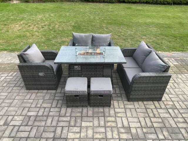 Fimous Rattan Garden Furniture Set with Gas Fire Pit Dining Table, Reclining Chair 2 Small Footstools Indoor Outdoor 6 piece Loveseat Sofa set - image 1