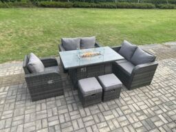 Fimous Rattan Garden Furniture Set with Gas Fire Pit Dining Table, Reclining Chair 2 Small Footstools Indoor Outdoor 6 piece Loveseat Sofa set - thumbnail 3
