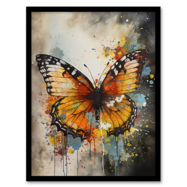 Artery8 Modern Ink Monarch Butterfly Watercolour Splatter Drip Artwork Framed Wall Art Print A4 in Black - image 1
