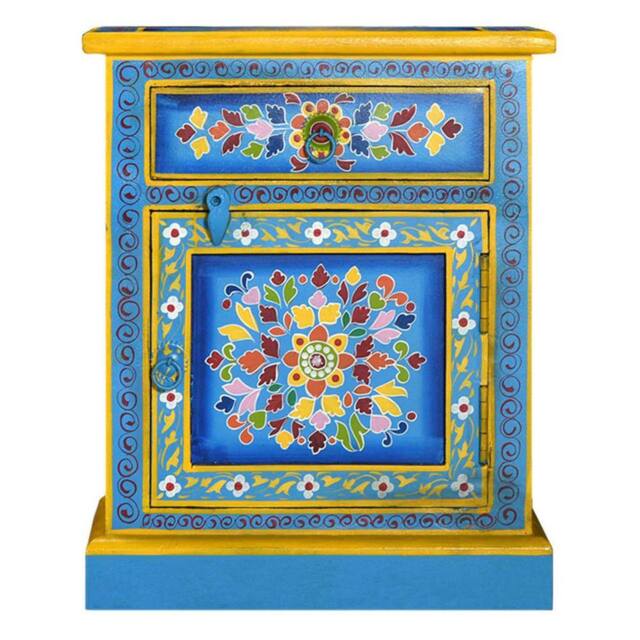 Berkfield Home Beautiful Bedside Cabinet Solid Mango Wood Turquoise Hand Painted - image 1