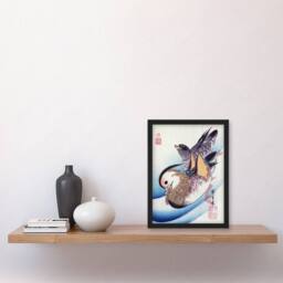 Artery8 Two Mandarin Ducks in a Lake Vintage Framed Wall Art Print Hiroshige in Blue - Size: A4 - thumbnail 4