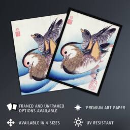 Artery8 Two Mandarin Ducks in a Lake Vintage Framed Wall Art Print Hiroshige in Blue - Size: A4 - thumbnail 2