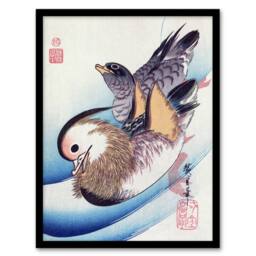Artery8 Two Mandarin Ducks in a Lake Vintage Framed Wall Art Print Hiroshige in Blue - Size: A4 - thumbnail 1