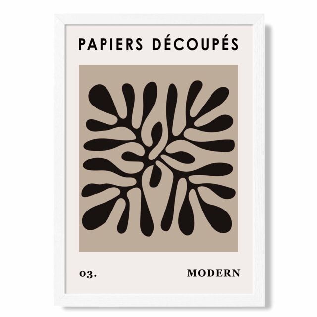 ARTZE Beige & Black Matisse Style Floral Cutout Framed Print SIZE: A4 with White Frame - image 1