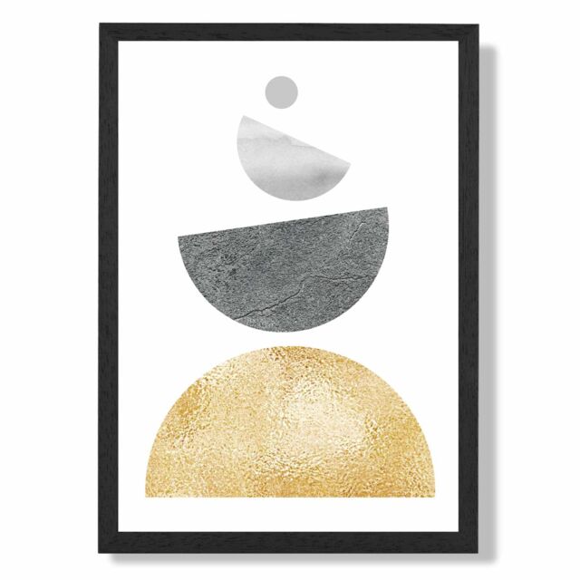 ARTZE Grey & Yellow Semi Circles Mid Century Geometric Framed Print SIZE: A4 with Black Frame - image 1
