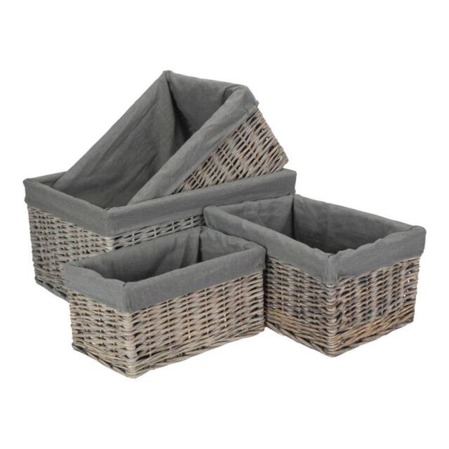 Red Hamper Set of 4 Grey Wash Grey Cotton Lined Willow Storage Baskets - image 1
