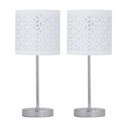 First Choice Lighting Set of 2 Chrome Stick Table Lamps with White Laser Cut Shades in Silver - thumbnail 1