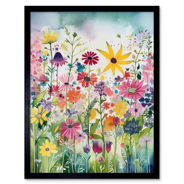 "Artery8 Wall Art Print Bright Wildflower Floral Blooms Folk Art Framed in Black - Size: W12"" x H16""" - image 1