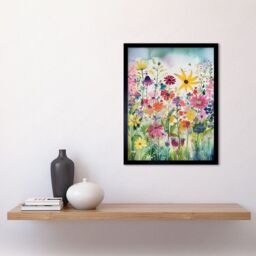 "Artery8 Wall Art Print Bright Wildflower Floral Blooms Folk Art Framed in Black - Size: W12"" x H16""" - thumbnail 2