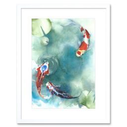 "Artery8 Wall Art Print Japan Koi Fish with Lilies Art Framed 9x7 inch in White - Size: W7"" x H9""" - thumbnail 1