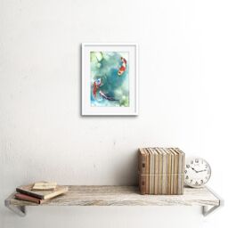 "Artery8 Wall Art Print Japan Koi Fish with Lilies Art Framed 9x7 inch in White - Size: W7"" x H9""" - thumbnail 2