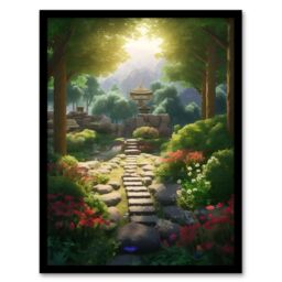 Artery8 Wall Art Print Flowers Blooming in Serene Japan Zen Garden Acrylic Painting Steps Path Leading to Stone Lantern Bathed in Sunlight Art Framed - thumbnail 1