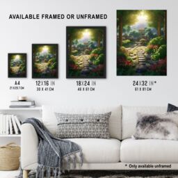 Artery8 Wall Art Print Flowers Blooming in Serene Japan Zen Garden Acrylic Painting Steps Path Leading to Stone Lantern Bathed in Sunlight Art Framed - thumbnail 3
