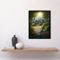 Artery8 Wall Art Print Flowers Blooming in Serene Japan Zen Garden Acrylic Painting Steps Path Leading to Stone Lantern Bathed in Sunlight Art Framed - thumbnail 4