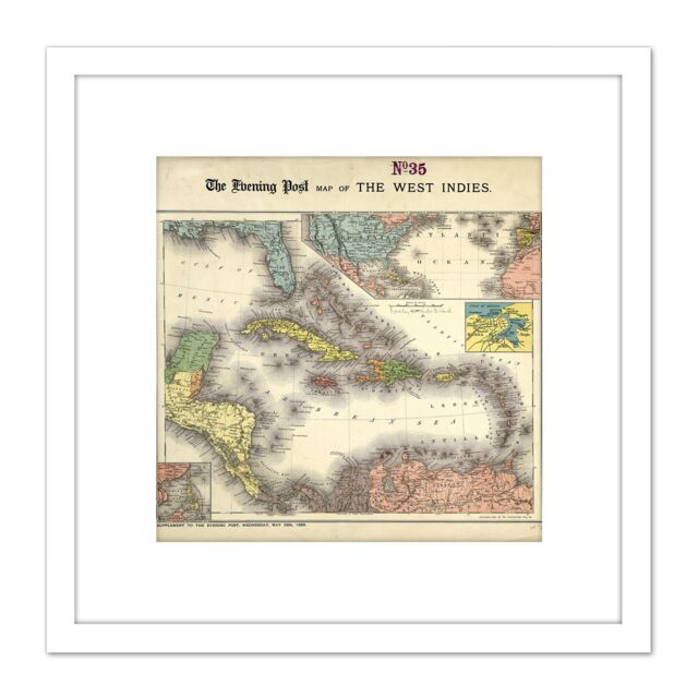 Artery8 Evening Post 1898 Political Map West Indies 8X8 Inch Square Wooden Framed Wall Art Print Picture with Mount in White - image 1