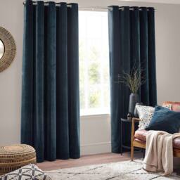 Yard Heavy Chenille Blackout Eyelet Curtain Pair in Navy - Size: 168 cm width x 183 cm drop - thumbnail 2