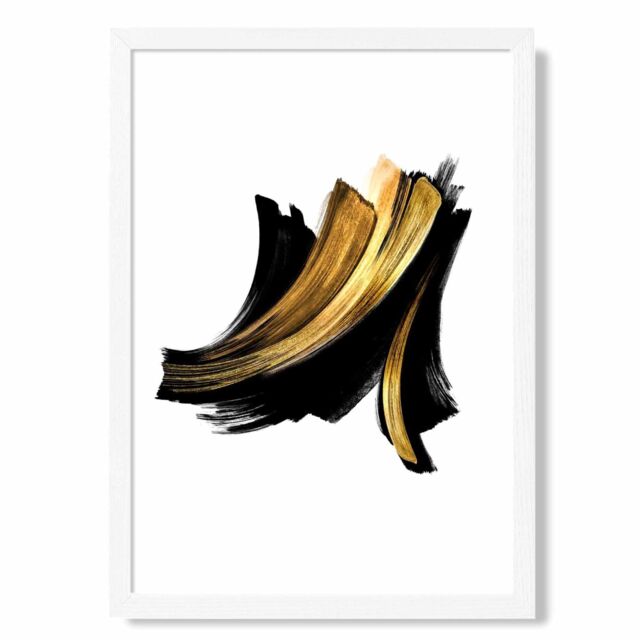 ARTZE Abstract Black & Gold Paint Strokes Framed Print SIZE: A4 with White Frame - image 1