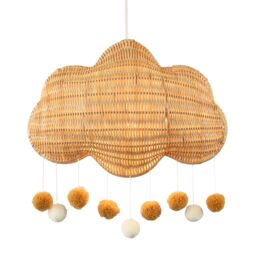 Happy Homewares Cloud Shaped Childrens Rattan Pendant Light Shade with Pom Pom Balls in Brown