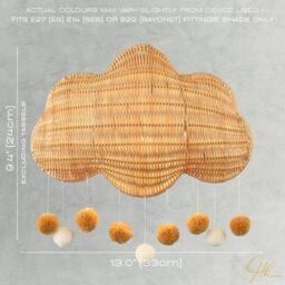 Happy Homewares Cloud Shaped Childrens Rattan Pendant Light Shade with Pom Pom Balls in Brown - thumbnail 7