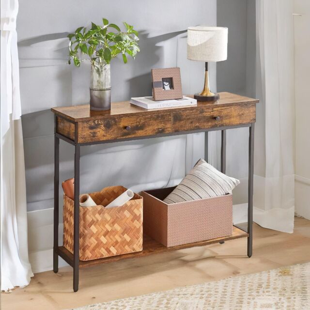 Pirlo Plush 2 Tier Slim Console Table With 2 Drawers Industrial Rustic Brown Furniture - image 1