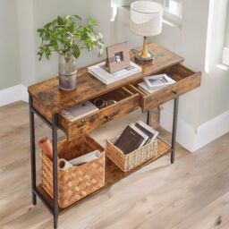 Pirlo Plush 2 Tier Slim Console Table With 2 Drawers Industrial Rustic Brown Furniture - thumbnail 5