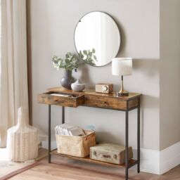 Pirlo Plush 2 Tier Slim Console Table With 2 Drawers Industrial Rustic Brown Furniture - thumbnail 3