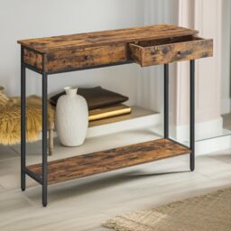 Pirlo Plush 2 Tier Slim Console Table With 2 Drawers Industrial Rustic Brown Furniture - thumbnail 2