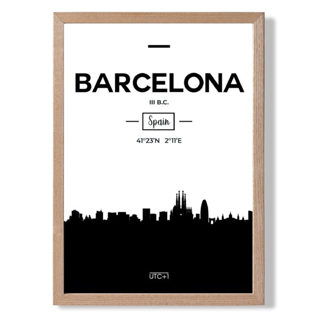 ARTZE Barcelona Black & White City Skyline Framed Print SIZE: A3 with Oak Frame - image 1