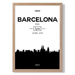 ARTZE Barcelona Black & White City Skyline Framed Print SIZE: A3 with Oak Frame - thumbnail 1