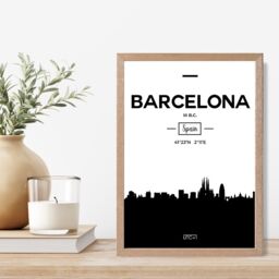 ARTZE Barcelona Black & White City Skyline Framed Print SIZE: A3 with Oak Frame - thumbnail 2