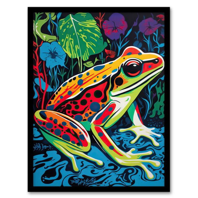 Artery8 Wall Art Print Frog In A Pond Vibrant Bathroom Painting Animal Portrait With Bold Colours Art Framed - Size: A4 - image 1