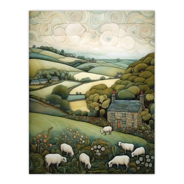 Artery8 Sleepy England By Celia Hapton Quirky Lake District Scene Rolling Hills Grazing Sheep Large Wall Art Poster Print Thick Paper 18X24 Inch - image 1