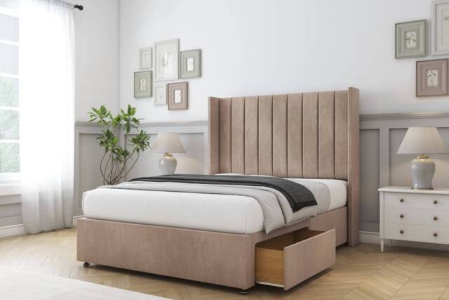 "Comfort Beds Palermo Naples Divan Base 2 Drawers - 54"" Wingback in Light Brown - Size: Small Double" - image 1