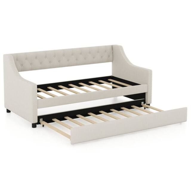 Costway Linen Upholstered Daybed Single Size Trundle Bed Sofa Bed Frame in Beige - image 1