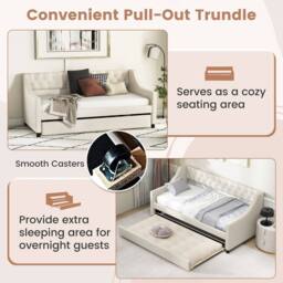 Costway Linen Upholstered Daybed Single Size Trundle Bed Sofa Bed Frame in Beige - thumbnail 5