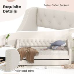 Costway Linen Upholstered Daybed Single Size Trundle Bed Sofa Bed Frame in Beige - thumbnail 4
