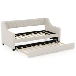 Costway Linen Upholstered Daybed Single Size Trundle Bed Sofa Bed Frame in Beige - thumbnail 1
