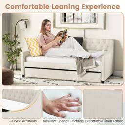 Costway Linen Upholstered Daybed Single Size Trundle Bed Sofa Bed Frame in Beige - thumbnail 6