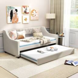 Costway Linen Upholstered Daybed Single Size Trundle Bed Sofa Bed Frame in Beige - thumbnail 8