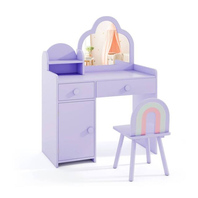Gymax Vanity Table & Chair Cloud-shaped Makeup Desk Set With Mirror Cabinet in Purple - image 1